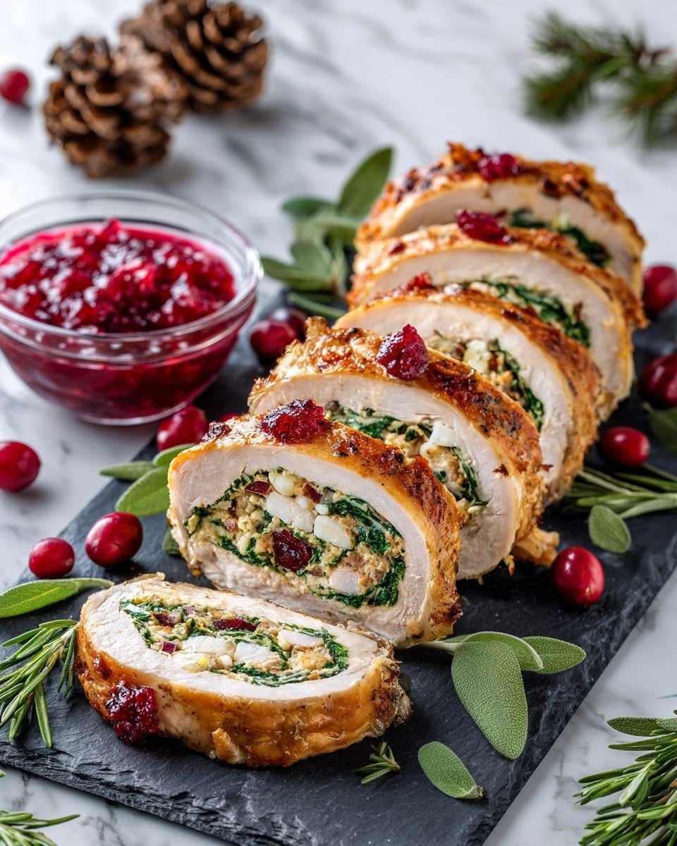 Stuffed Pork Tenderloin with Caramelized Onions, Spinach, Goat Cheese, and Cranberry Sauce Recipe - Recipe Image — Stuffed Pork Tenderloin with Caramelized Onions, Spinach, Goat Cheese, and Cranberry Sauce, pork tenderloin stuffed with caramelized onions and goat cheese, easy holiday pork recipe, elegant stuffed pork dinner, savory pork tenderloin filling ideas