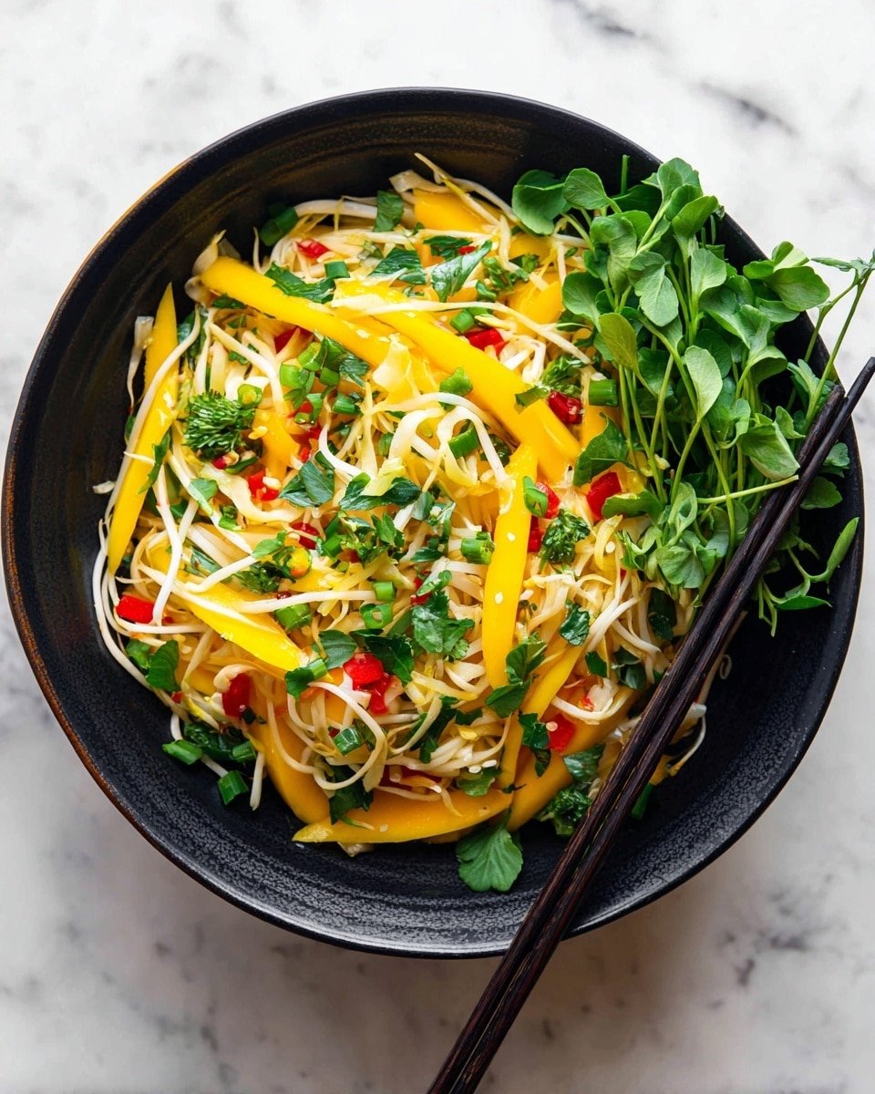 A black bowl filled with bright yellow mango slices layered with white crunchy bean sprouts and small red bell pepper pieces mixed evenly throughout. Fresh green leafy herbs and chopped green onions are scattered on top for color and texture. On one side of the bowl, fresh green pea shoots are placed as garnish. A pair of black chopsticks rests on the right side of the bowl. The bowl sits on a white marbled surface photo taken with an iphone --ar 4:5 --v 7 — Simple Thai Mango Salad, Thai Mango Salad, Mango Salad Recipe, Southeast Asian Mango Salad, Fresh Mango Salad