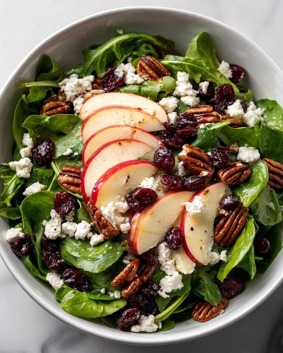 A fresh salad is shown in a white bowl on a white marbled surface. The bottom layer is green arugula leaves with soft texture. The second layer has small white crumbled cheese evenly spread across. On top, there are thin slices of red apple with their skin on, arranged in a circular pattern. Scattered among the apple slices are glossy, dark red dried cranberries and shiny brown pecans, adding contrast and texture. The colors are fresh and bright with green, red, white, and brown tones. Photo taken with an iphone --ar 4:5 --v 7 — Honeycrisp Apple and Feta Salad, apple and feta salad recipe, fall fruit salad, healthy apple salad, easy apple salad with walnuts