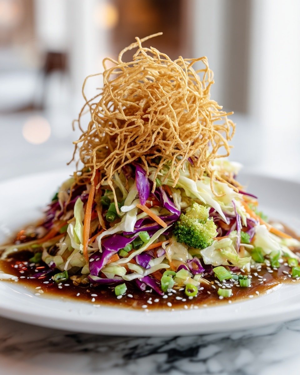 A tall pile of colorful salad stands on a white plate placed on a white marbled surface. The bottom layer shows a mix of shredded green cabbage, purple cabbage, and orange carrot sticks in long thin pieces, all lightly covered in a brown sauce pooled around the base. Scattered green chopped scallions and small broccoli florets add green bursts within the mix. The top layer is a nest of thin, golden crispy fried noodles placed loosely, giving height and texture contrast. White sesame seeds are sprinkled over the salad, adding small dots of texture throughout. The background is softly blurred, keeping the focus on the vibrant salad. photo taken with an iphone --ar 4:5 --v 7 — Crunchy Asian Cabbage Slaw, Asian cabbage slaw, crunchy vegetable slaw, tangy cabbage salad, refreshing Asian slaw
