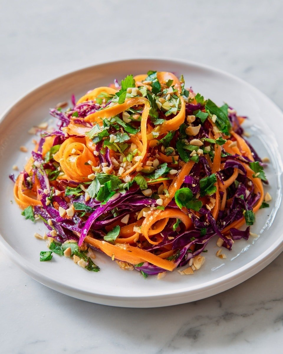 A white plate holds a colorful salad with multiple layers starting with thin, curly strips of orange carrots and purple cabbage mixed together. Bright green chopped herbs are sprinkled on top, adding texture and freshness. The salad appears lightly dressed, with small seeds and bits of nuts spread evenly over the top. The white marbled surface beneath the plate adds a clean, bright contrast. photo taken with an iphone --ar 4:5 --v 7 — Shaved Rainbow Carrot Sesame Salad, colorful carrot salad recipes, healthy raw carrot salads, sesame dressings for salads, vibrant vegetable salads
