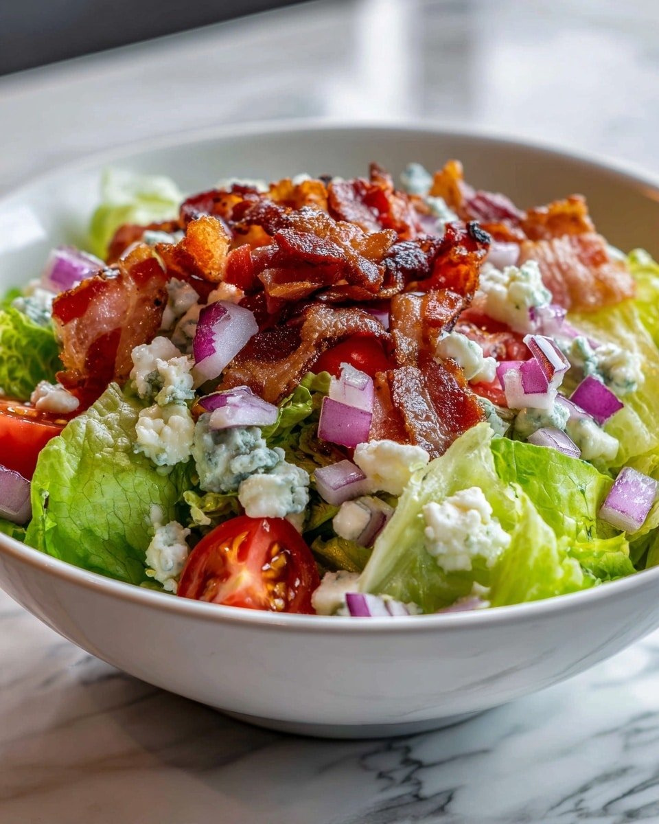 The image shows a white bowl filled with a colorful salad layered with fresh green lettuce leaves as the base. On top of the lettuce are small chunks of red tomatoes, pieces of crispy brown bacon, crumbled white and blue-veined cheese, and small cubes of purple onion scattered evenly across. The textures vary from the crisp lettuce to the crumbly cheese and crunchy bacon. The bowl sits on a white marbled surface. photo taken with an iphone --ar 4:5 --v 7 — Chris Chopped Salad, chopped salad recipe, easy healthy salads, colorful lunch salads, crunchy salad ideas