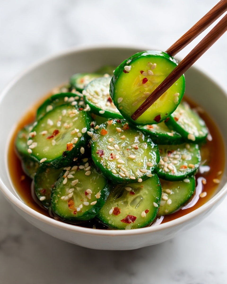 The image shows a white bowl filled with a cucumber salad. The salad has many thin, bright green cucumber slices that look fresh and slightly wet. The slices are covered with small white sesame seeds and bits of red chili flakes spread evenly on top. The cucumbers sit in a shiny, light reddish-brown sauce that pools at the bottom of the bowl. There are light brown wooden chopsticks holding up three slices of cucumber close to the camera, showing the texture of the cucumber skin and seeds inside. The bowl is placed on a white marbled surface. photo taken with an iphone --ar 4:5 --v 7 — Easy Asian Cucumber Salad, Asian cucumber salad, cold cucumber salad, quick Asian side dish, refreshing cucumber salad