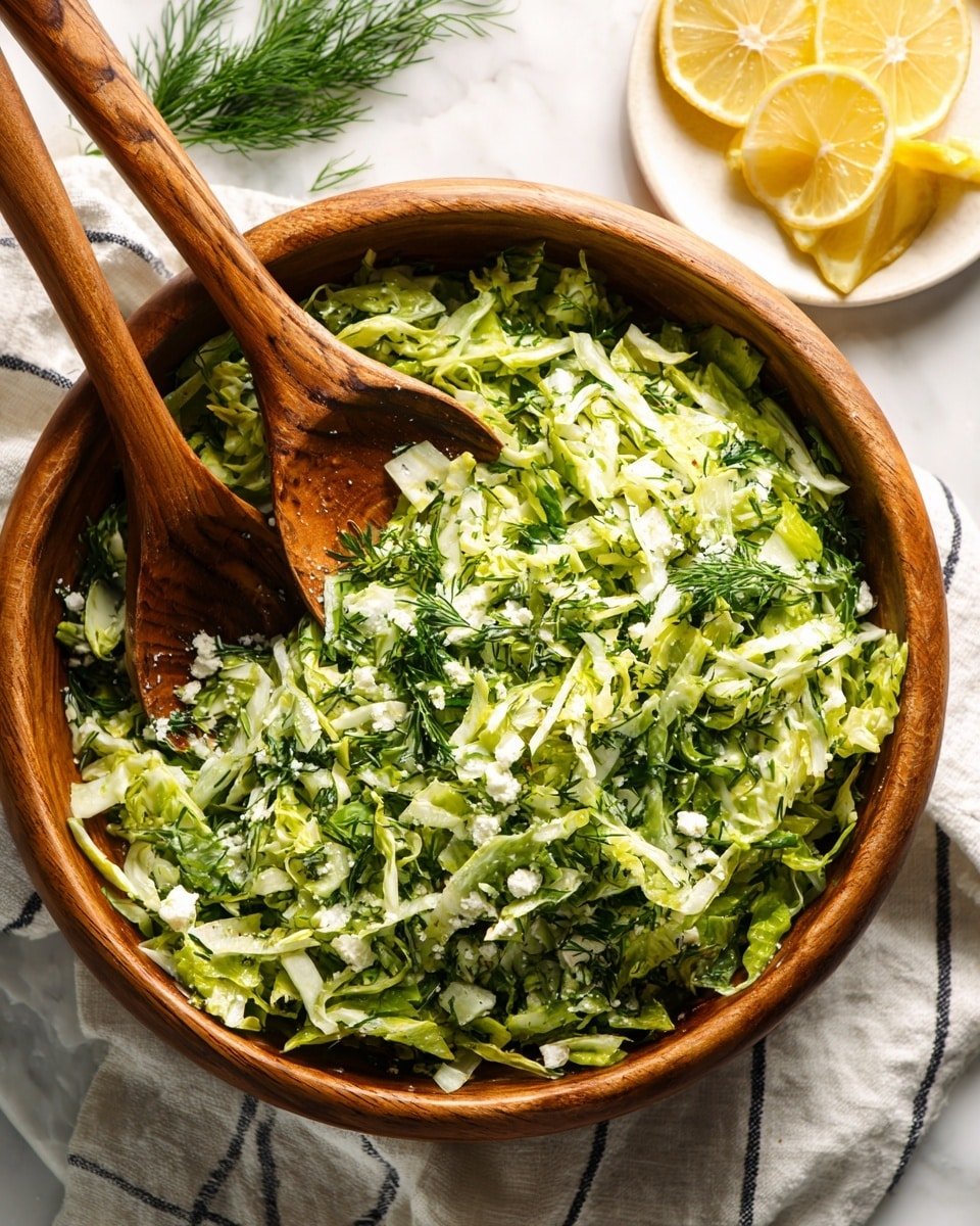 A wooden bowl filled with a fresh green salad made of finely shredded lettuce mixed with small green herbs and bits of white cheese spread evenly throughout. Two wooden spoons rest inside the bowl, partially buried in the salad, showing texture and moisture on the greens. The bowl sits on a white cloth with thin dark stripes, placed on a surface with a white marbled texture. In the background, there is a white plate holding two lemon slices and some fresh dill, adding extra green and yellow colors to the scene. Photo taken with an iphone --ar 4:5 --v 7 — Maroulosalata Greek Lettuce Salad, Greek salad with feta and lemon, Mediterranean lettuce dish, fresh Greek salad recipe, easy Greek lettuce salad