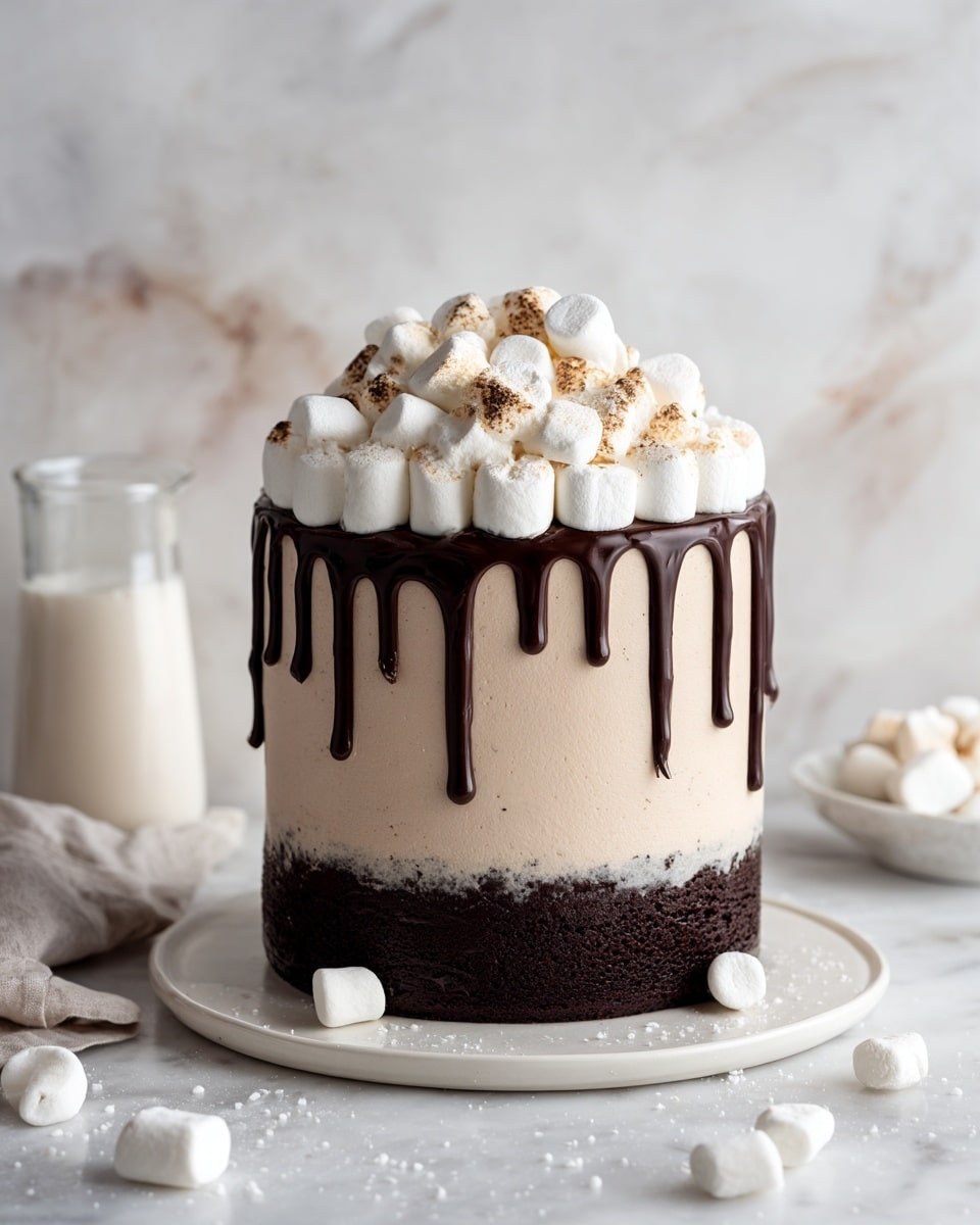 Hot Chocolate Cake with Marshmallow Filling and White Chocolate Ganache Recipe - Recipe Image — Hot Chocolate Cake with Marshmallow Filling and White Chocolate Ganache, indulgent chocolate cake with marshmallow filling, rich hot cocoa dessert, layered chocolate cake recipe, creamy white chocolate ganache cake