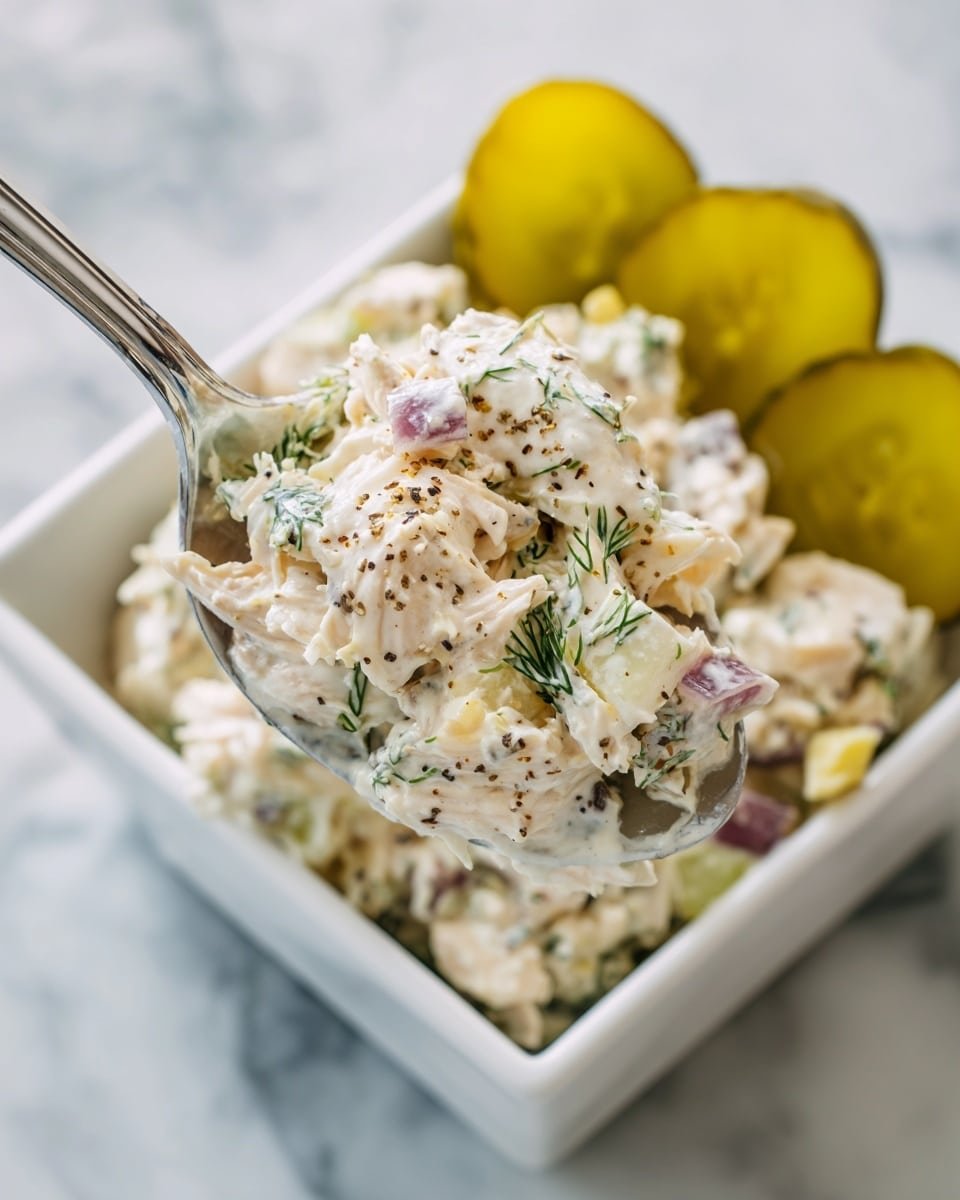 Savory Dill Pickle Chicken Salad Recipe - Recipe Image — Savory Dill Pickle Chicken Salad, chicken salad with dill pickles, tangy chicken salad recipe, easy picnic chicken salad, creamy dill chicken salad