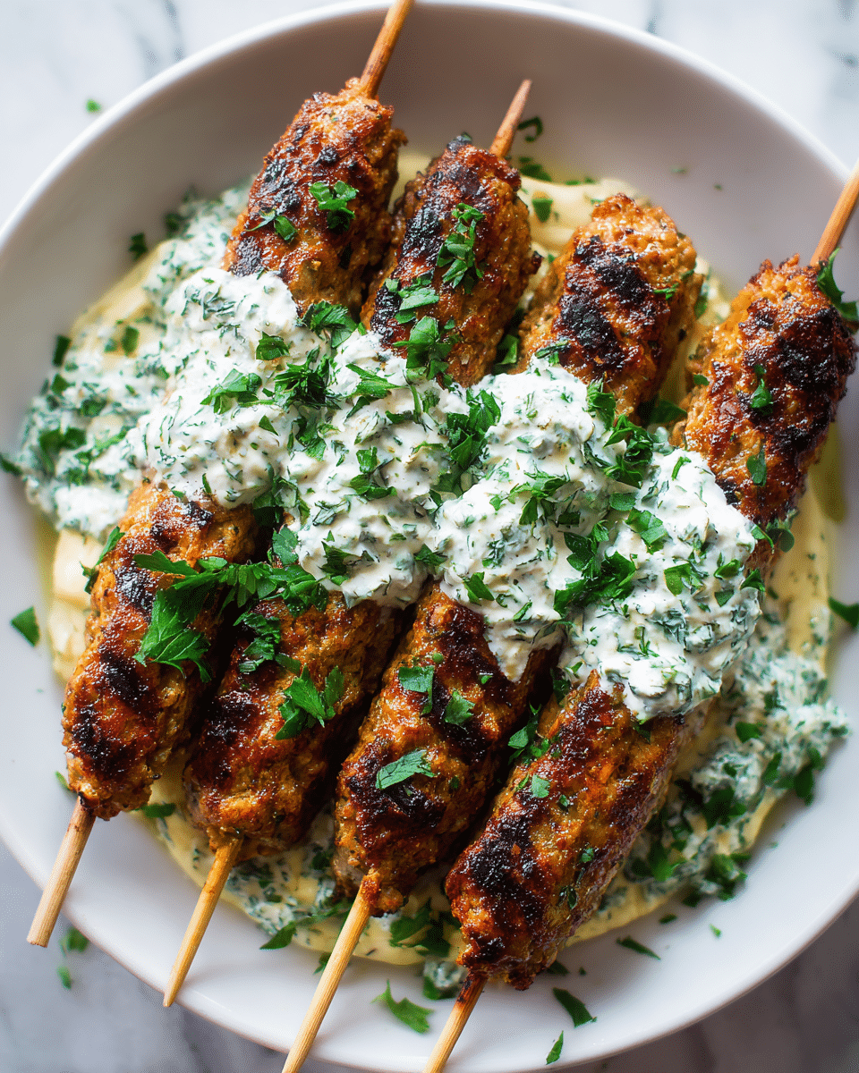 Chicken Kofta with Garlic Yogurt Sauce Recipe - Recipe Image — Chicken Kofta with Garlic Yogurt Sauce, Middle Eastern chicken kofta, spicy chicken kofte recipe, grilled chicken kofta, garlic yogurt sauce dish