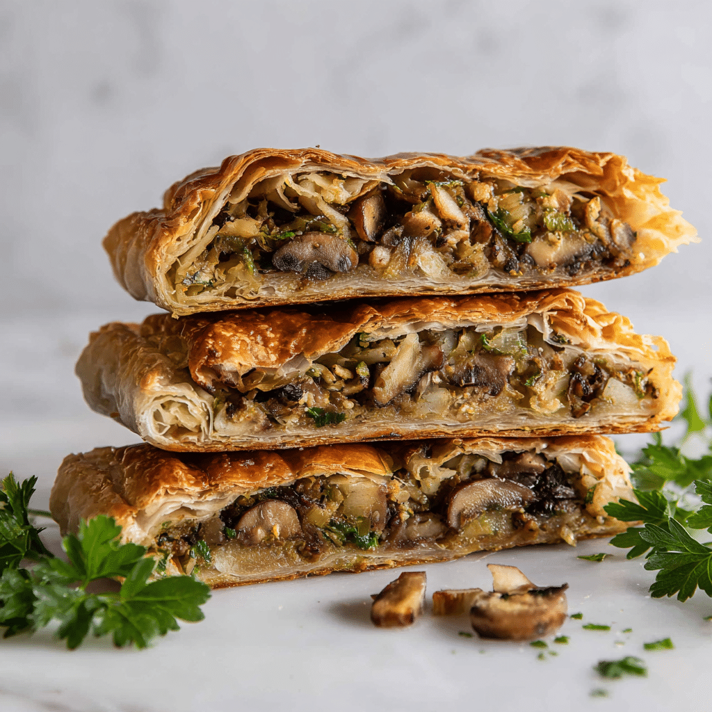 Mushroom Strudel with Leeks and Parmesan Cheese Recipe - Recipe Image — Mushroom Strudel with Leeks and Parmesan, mushroom strudel recipe, savory mushroom and leek pastry, flaky phyllo mushroom dish, autumn comfort food