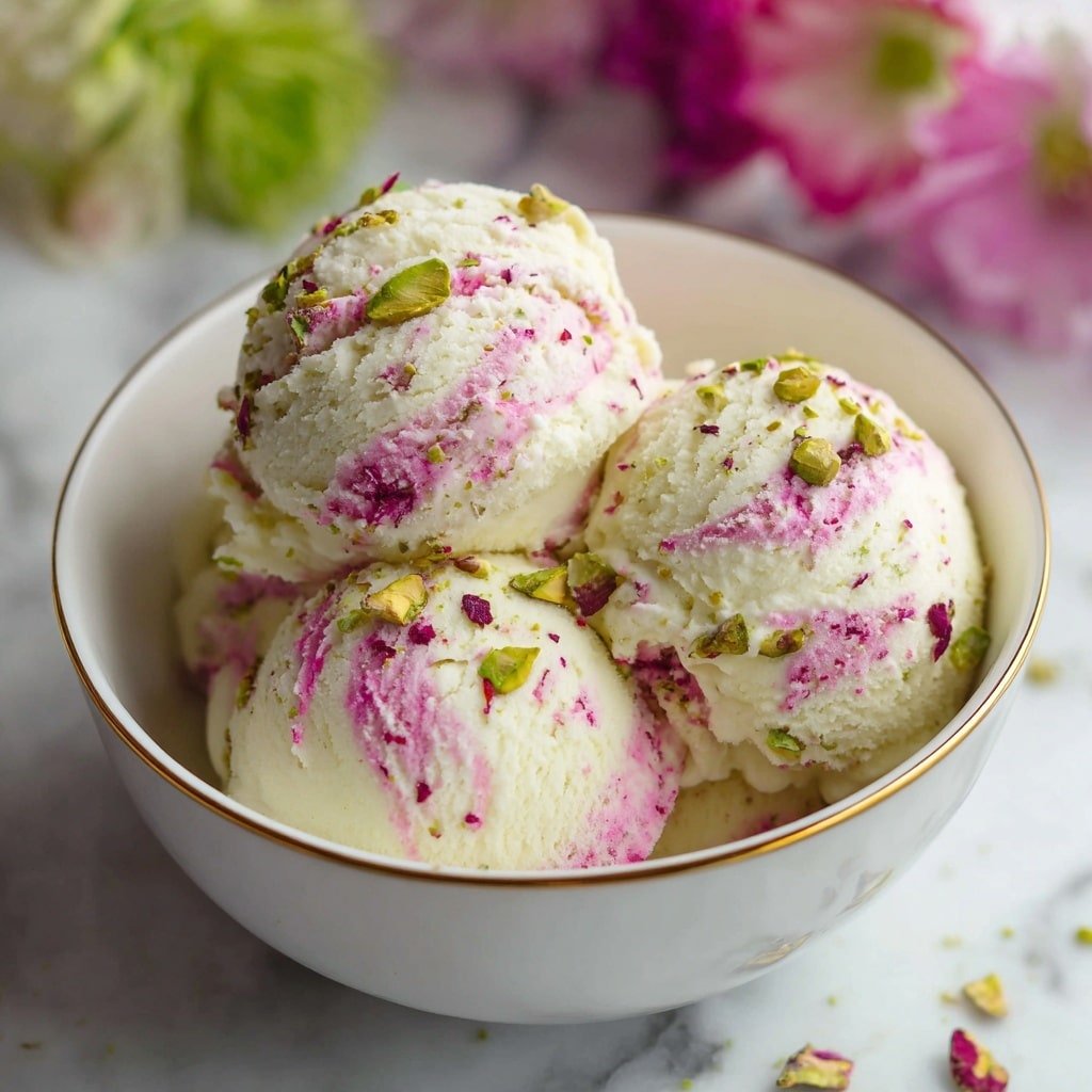Rose Pistachio Cheesecake Ice Cream Recipe - Recipe Image — Rose Pistachio Cheesecake Ice Cream, floral cheesecake ice cream, pistachio cream cheese dessert, fragrant spring ice cream, gourmet pistachio ice cream