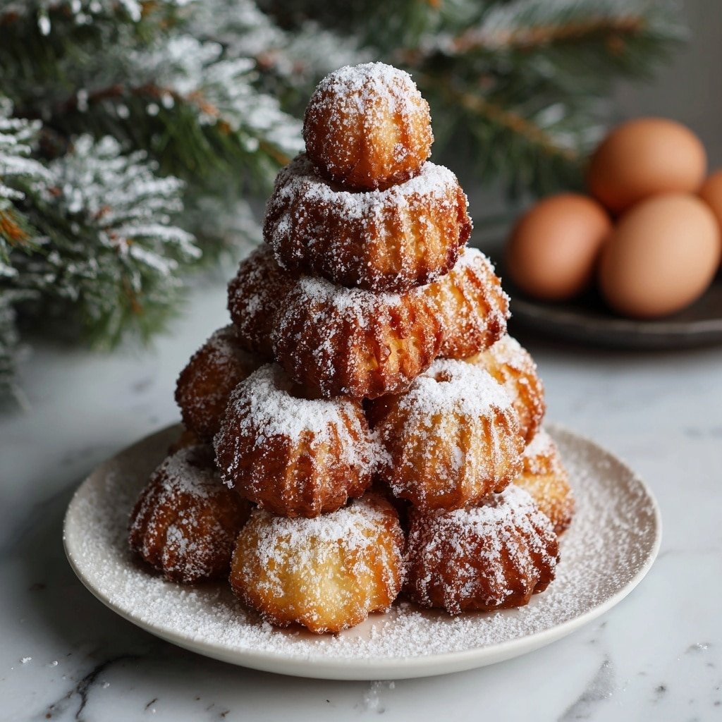 A tall stack of nine ring-shaped pastries is arranged like a Christmas tree on a white plate, starting with the largest ring at the bottom and getting smaller toward the top, ending in a small pastry ball. Each pastry is golden-brown with ridged edges and is dusted heavily with white powdered sugar, giving a snowy effect. The plate also has powdered sugar sprinkled around the base of the stack. In the background, a blurred branch with green needles dusted with snow is visible on the left, and some brown eggs are on a dark surface to the right. The whole scene is set on a white marbled textured surface, creating a cozy winter feeling. Photo taken with an iphone --ar 1:1 --v 7 — Kransekake Norwegian Almond Ring Cake, Norwegian almond cake, festive almond ring cake, traditional Norwegian desserts, almond celebration cake