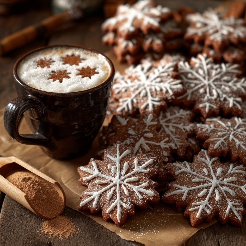 A close-up view of many brown, snowflake-shaped cookies arranged on brown parchment paper dusted with white powdered sugar; the cookies have intricate etched patterns on top, showing different snowflake designs. To the left, there is a dark brown mug filled with light brown frothy coffee, topped with three small snowflake-shaped cutouts in the foam. Below the mug is a wooden scoop holding light brown powder, placed on a wooden surface. The overall tones are warm and cozy, with a rustic feel. Photo taken with an iphone --ar 1:1 --v 7 — Speculaas Cookies, homemade speculaas cookies, spicy holiday cookies, traditional speculaas recipe, easy Dutch cookies