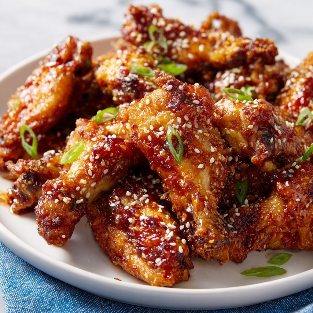 A white plate filled with several pieces of golden brown chicken wings covered in shiny, sticky sauce. The wings have a slightly crispy texture on the edges and are topped with small white sesame seeds and thin slices of bright green scallions scattered over them. The plate rests on a white marbled surface, with part of a blue cloth visible in the background. Another similar plate of wings is slightly blurred in the distance. photo taken with an iphone --ar 1:1 --v 7 — Asian Sticky Wings, Asian Sticky Wings Recipe, Asian Sticky Wings Easy, Sweet and Spicy Wings, Honey Soy Wings