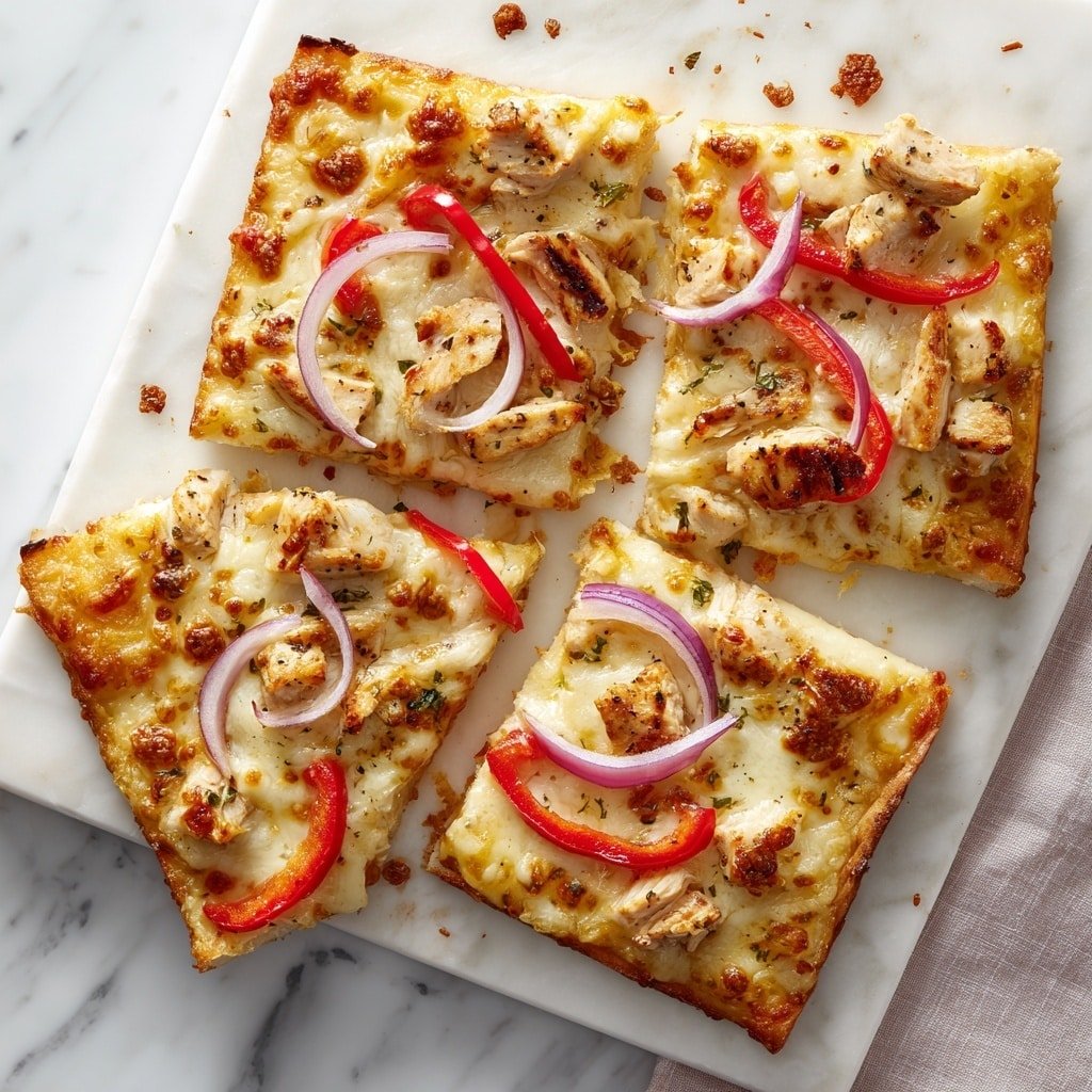 A white square pizza cut into four pieces is placed on a white marbled board. The base layer is a thick, golden-brown crust with a soft, airy texture visible on the edges. On top, there is a layer of melted light yellow cheese, slightly bubbly and blended with small pieces of grilled chicken that are light brown with char marks. Thin slices of red bell pepper are spread out unevenly, adding a bright red color. Scattered over the top are thin rings of purple-red onion which add contrast. The pizza looks fresh with some scattered onion rings and crumbs on the white marbled surface around it. Photo taken with an iphone --ar 1:1 --v 7 — BBQ Chicken Flatbread, BBQ Chicken Flatbread recipe, easy flatbread pizza, quick dinner ideas, flavorful flatbread recipes