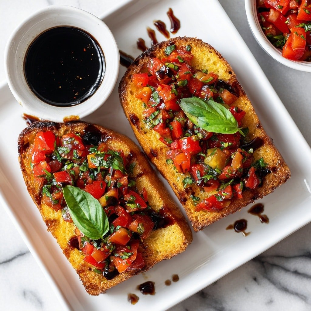 Two pieces of toasted bread sit side by side on a white square plate placed on a white marbled surface. Each piece of toast is golden-brown and topped with a mix of chopped red tomatoes and green herbs, creating a fresh, chunky texture. A drizzle of dark balsamic glaze runs over the tomato topping on each toast, adding a shiny contrast. Fresh green basil leaves sit on top of each tomato mix, adding a pop of color. In the background, a small white bowl filled with dark balsamic glaze and a larger white bowl containing more chopped tomatoes are partly visible. Photo taken with an iphone --ar 1:1 --v 7 — Tomato Basil Bruschetta with Balsamic Glaze, Tomato Basil Bruschetta, Easy Italian Appetizer, Summer Tomato Bruschetta, Balsamic Glazed Crostini