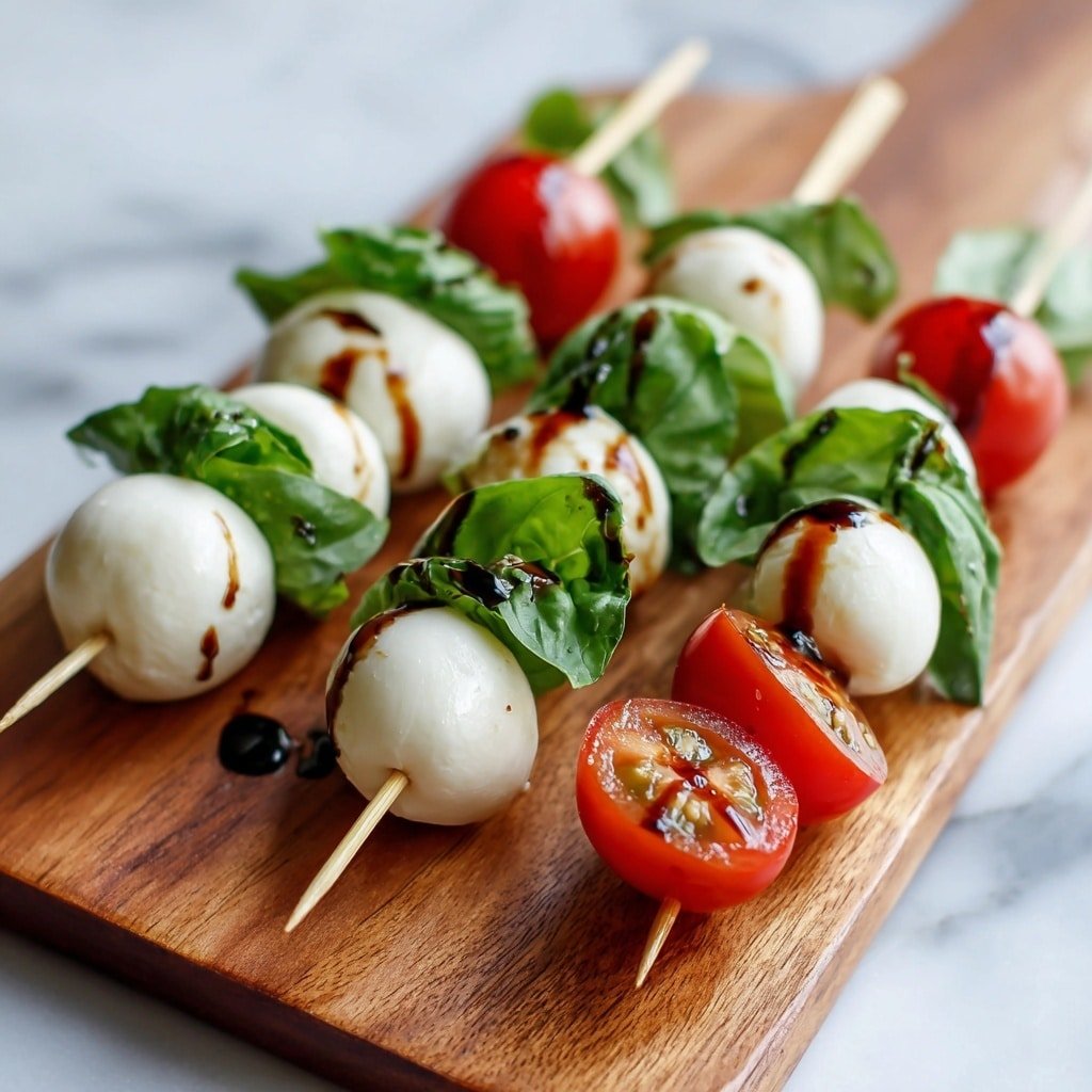 The image shows several skewers arranged on a wooden board. Each skewer has three white mozzarella balls on the top and bottom, and between them, there is a fresh green basil leaf and a bright red grape tomato. The mozzarella balls look smooth and soft, while the basil leaves are leafy and slightly curled. The grape tomatoes are shiny and firm, with one skewer ending in a sliced tomato showing its red inside. A dark balsamic glaze lightly drips over the mozzarella, tomato, and basil, giving a glossy contrast. The wooden board sits on a white marbled surface, adding a clean backdrop. photo taken with an iphone --ar 1:1 --v 7 — Caprese Skewers, Caprese Skewers Recipe, Caprese Appetizer, Summer Party Snacks, Easy Antipasto Skewers