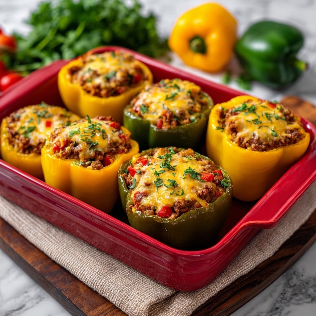 The image shows six stuffed bell peppers arranged in two rows inside a red baking dish. Each pepper is hollowed out and filled with a mix of cooked ground meat, small red pepper pieces, and topped with melted yellow cheese sprinkled with green herbs. Five of the peppers are bright yellow, while one at the front right is green. The baking dish sits on a beige cloth over a dark wooden board, with fresh herbs and vegetables blurred in the background on a white marbled surface. Photo taken with an iphone --ar 1:1 --v 7 — Stuffed Bell Peppers with Ground Meat, Rice, and Cheese, stuffed bell peppers recipe, savory stuffed peppers, hearty stuffed pepper meal, easy stuffed pepper dinner