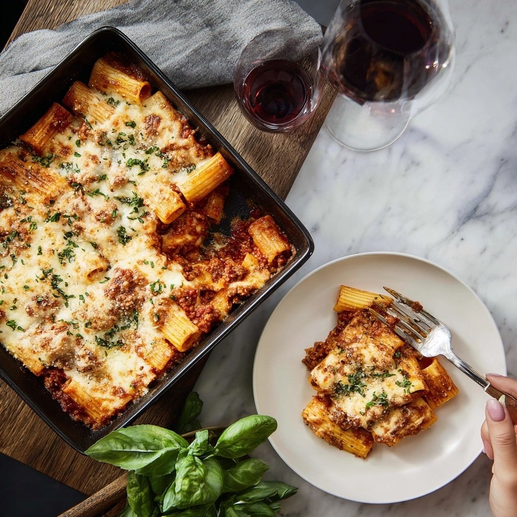 This image shows a baked pasta dish in a black square pan on a wooden table. The dish has one main layer of rigatoni pasta covered by melted, light golden cheese sprinkled with chopped green herbs. The pasta sits in a rich, red tomato sauce with visible meat bits underneath the cheese. Next to the pan, there is a white plate with a serving of the pasta, topped with melted cheese and green herbs. A woman's hand with a fork is about to take some pasta from the plate. Nearby, there is a glass of red wine and some fresh green basil leaves on a gray cloth. The background is a white marbled texture. photo taken with an iphone --ar 1:1 --v 7 — Baked Ziti, baked ziti recipe, cheesy baked pasta, Italian comfort food, easy baked ziti