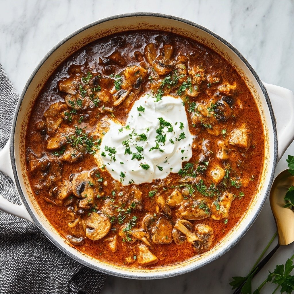 A white pot filled with a thick brown stew showing visible chunks of cooked mushrooms and onions mixed throughout. The stew has a rich, slightly textured surface with a dollop of white sour cream placed near the center, topped with small green herb pieces sprinkled on top. The pot is placed on a white marbled surface with a gray textured cloth nearby and some fresh green herbs on the side. The edges of the pot show some darkened cooking marks, adding a rustic feel. photo taken with an iphone --ar 1:1 --v 7 — Beef Stroganoff Casserole, hearty beef casserole recipe, creamy mushroom noodle bake, cozy comfort food, easy weeknight beef dish