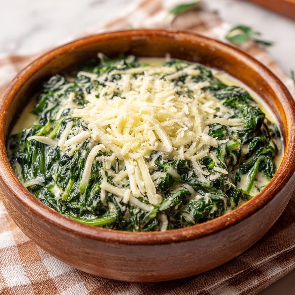 A close-up of a brown bowl filled with creamy cooked green spinach, topped with a layer of grated pale yellow cheese sprinkled evenly on top. The spinach has a smooth, slightly wet texture with visible leafy parts, and the cheese adds a soft contrasting grainy texture in the center. The bowl sits on a soft checkered cloth with light brown and white squares, and the background shows a blurred white marbled surface with faint green leaves on the side. Photo taken with an iphone --ar 1:1 --v 7 — Creamed Spinach, creamed spinach side dish, garlicky creamed spinach, easy creamed spinach recipe, creamy vegetable sides