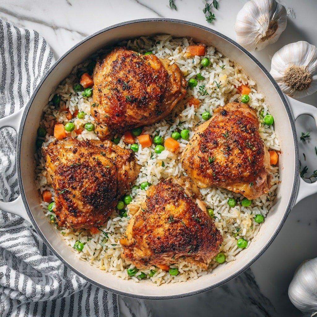 A round white pot holds four golden brown chicken pieces placed evenly on top of a bed of creamy white rice mixed with bright green peas and small orange carrot pieces. The chicken skin looks crispy with dark specks of seasoning and green herbs sprinkled on top. The rice looks soft and mixed with the vegetables, filling the space around the chicken. The pot sits on a white marbled surface with a striped cloth partially visible on the left and garlic bulbs nearby on the right. The image has natural lighting with a fresh and warm feeling. photo taken with an iphone --ar 1:1 --v 7 — One-Pot Chicken and Rice, simple chicken and rice dinner, cozy chicken and rice recipe, easy one-pot chicken rice, comforting chicken and rice meal