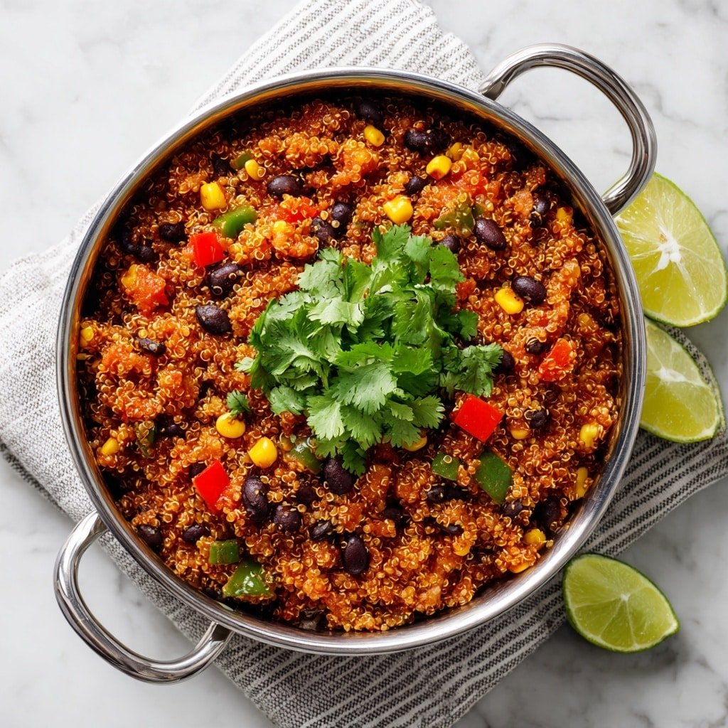 A metal pot filled with a colorful mix of cooked quinoa, black beans, yellow corn, and small pieces of red and green bell peppers. On top, there is a bunch of fresh green cilantro leaves in the center, with two lime wedges placed on the right side on a white marbled surface. The pot has two handles on each side, resting partly on a white and gray striped cloth. The quinoa texture appears fluffy with the beans and corn adding round and soft shapes, while the bell peppers give a mix of smooth, diced chunks. photo taken with an iphone --ar 1:1 --v 7 — One-Pot Quinoa and Black Beans, healthy quinoa and black beans, easy vegan dinner recipe, quick plant-based meal, nourishing one-pot dish