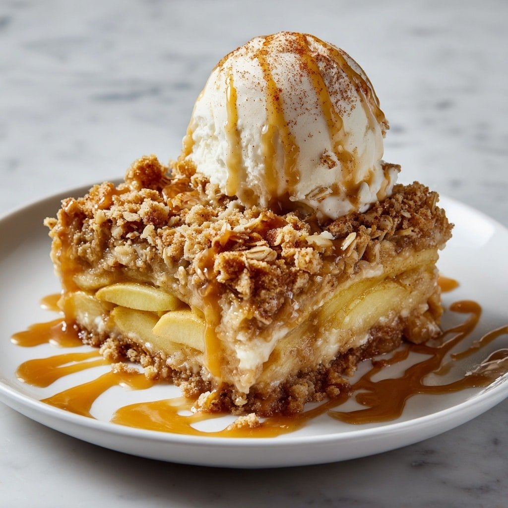 Apple Crisp with Vanilla Ice Cream Recipe - Recipe Image — Apple Crisp with Vanilla Ice Cream, baked apple dessert, fall-inspired apple crisp, easy apple crisp recipe, homemade apple dessert