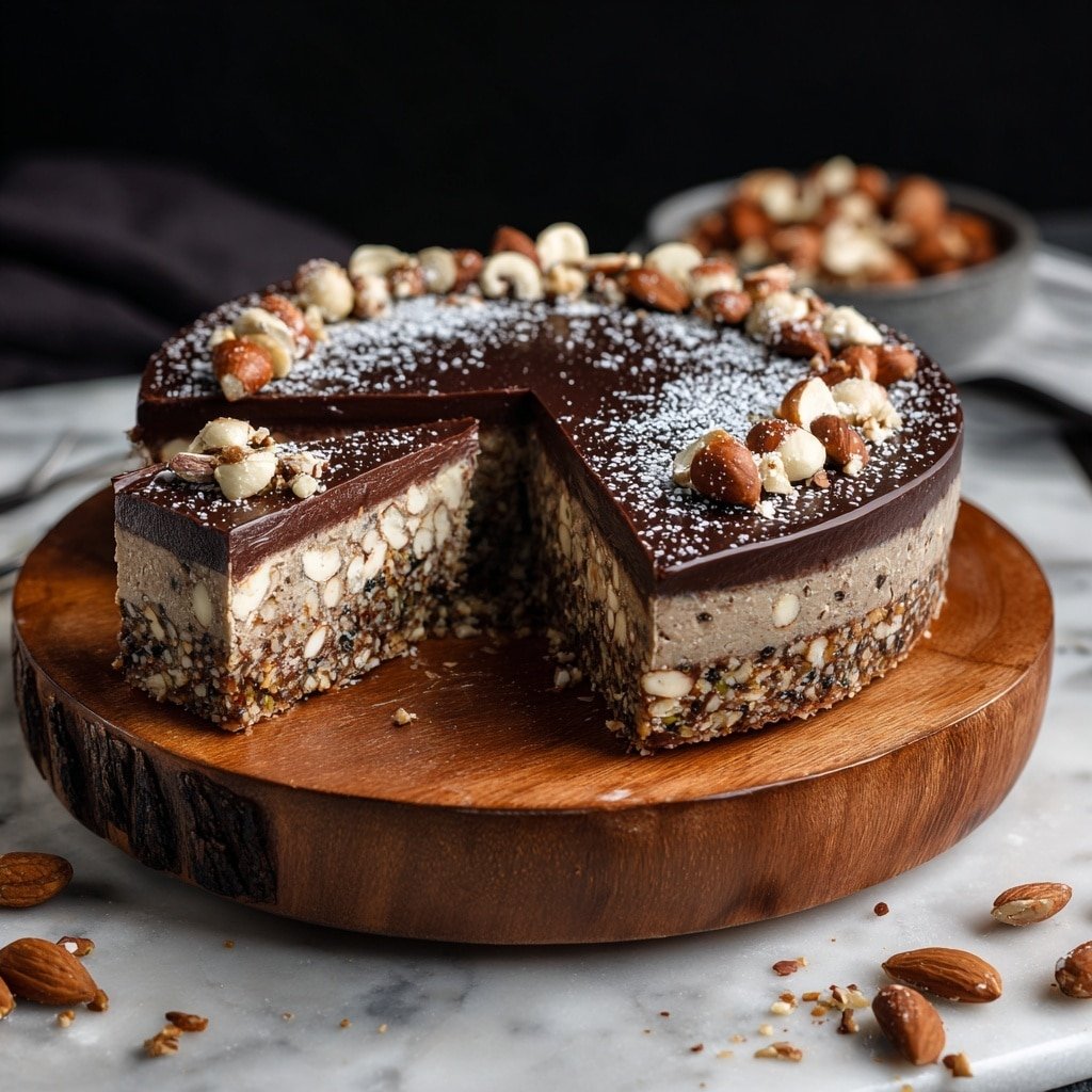 The image shows a round chocolate cake on a wooden stand with one slice missing. The cake has three layers: the bottom layer is a crumbly nut base with light brown and white bits, the middle layer is dense with large visible white nuts mixed in a chocolate base, and the top layer is a thick shiny dark chocolate glaze with some whole nuts and a dusting of white powdered sugar. The wooden stand is dark with natural texture, and there are some nuts and crumbs scattered around it on a white marbled surface. The background is dark, making the cake the main focus. Photo taken with an iphone --ar 1:1 --v 7 — Sweet and Spicy Panforte with Toasted Nuts and Dried Fruits, Italian Panforte recipe, Holiday Italian treats, Spiced fruit and nut bar, Easy festive Panforte