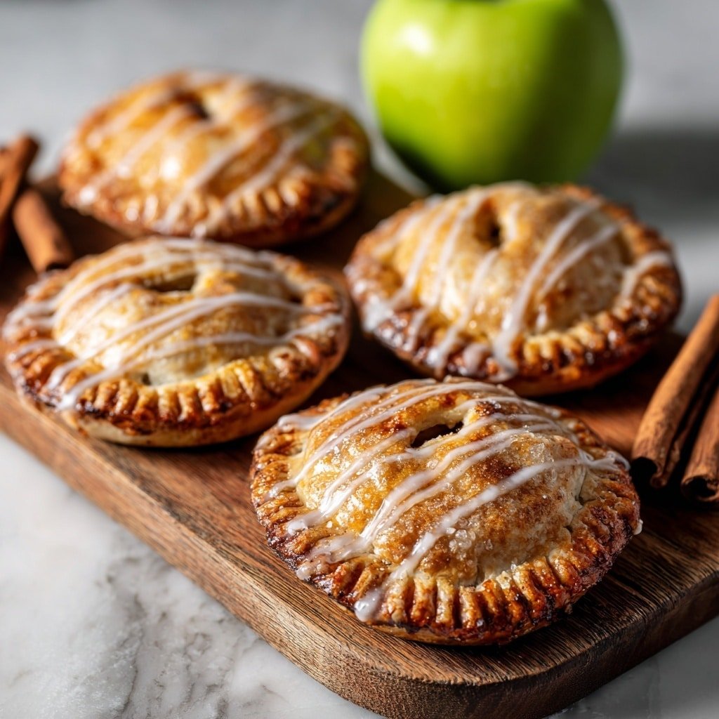 The image shows four small round hand pies on a wooden tray, each with a golden brown crust featuring fork-pressed edges and a small slit in the center. They are topped with a shiny white glaze, drizzled in thin lines across the surface. Behind the tray, there is a green apple and a cinnamon stick, all resting on a white marbled surface. The overall look is warm and inviting with a soft light highlighting the crust’s texture and glaze details. photo taken with an iphone --ar 1:1 --v 7 — Apple Hand Pies with Cinnamon-Apple Filling and Vanilla Glaze, easy apple hand pie recipe, flaky apple hand pies, cinnamon apple hand pies, fall dessert hand pies