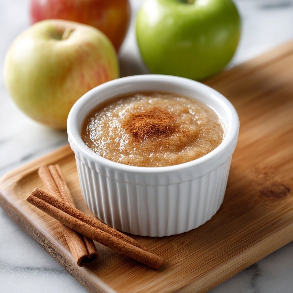 A small white textured ramekin filled with a smooth, light tan applesauce topped with a sprinkle of cinnamon powder in the center. The ramekin sits on a wooden board, with two cinnamon sticks placed diagonally nearby. In the background, two apples, one light yellow with a hint of red and the other green, rest slightly out of focus on a white marbled surface. Photo taken with an iphone --ar 1:1 --v 7 — Instant Pot Apple Sauce, homemade apple sauce, easy apple sauce recipe, cinnamon apple sauce, healthy apple snack