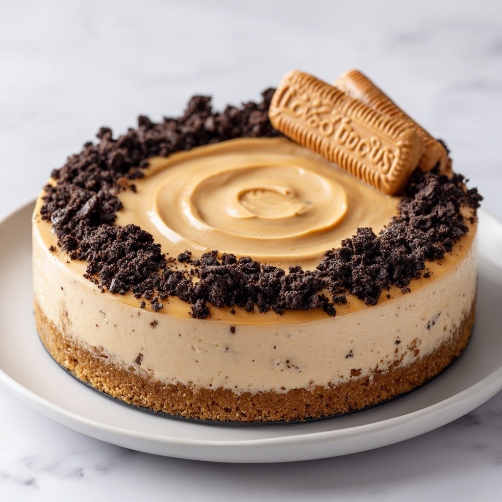 A round dessert with three visible layers: the bottom layer is a crushed cookie crust in light brown; the middle layer is a smooth, creamy caramel-colored filling that is thick and shiny, swirling slightly on top; the top edge is decorated with a ring of crushed cookies and dark chocolate crumbs evenly spaced; a single rectangular Lotus biscuit is placed on the top right edge, standing out with its detailed embossed text and ridged edges. The dessert is placed on a white plate against a white marbled surface. Photo taken with an iphone --ar 1:1 --v 7 — Biscoff Cheesecake, Biscoff Cheesecake recipe, easy Biscoff dessert, no-bake Biscoff cheesecake, creamy Biscoff cheesecake
