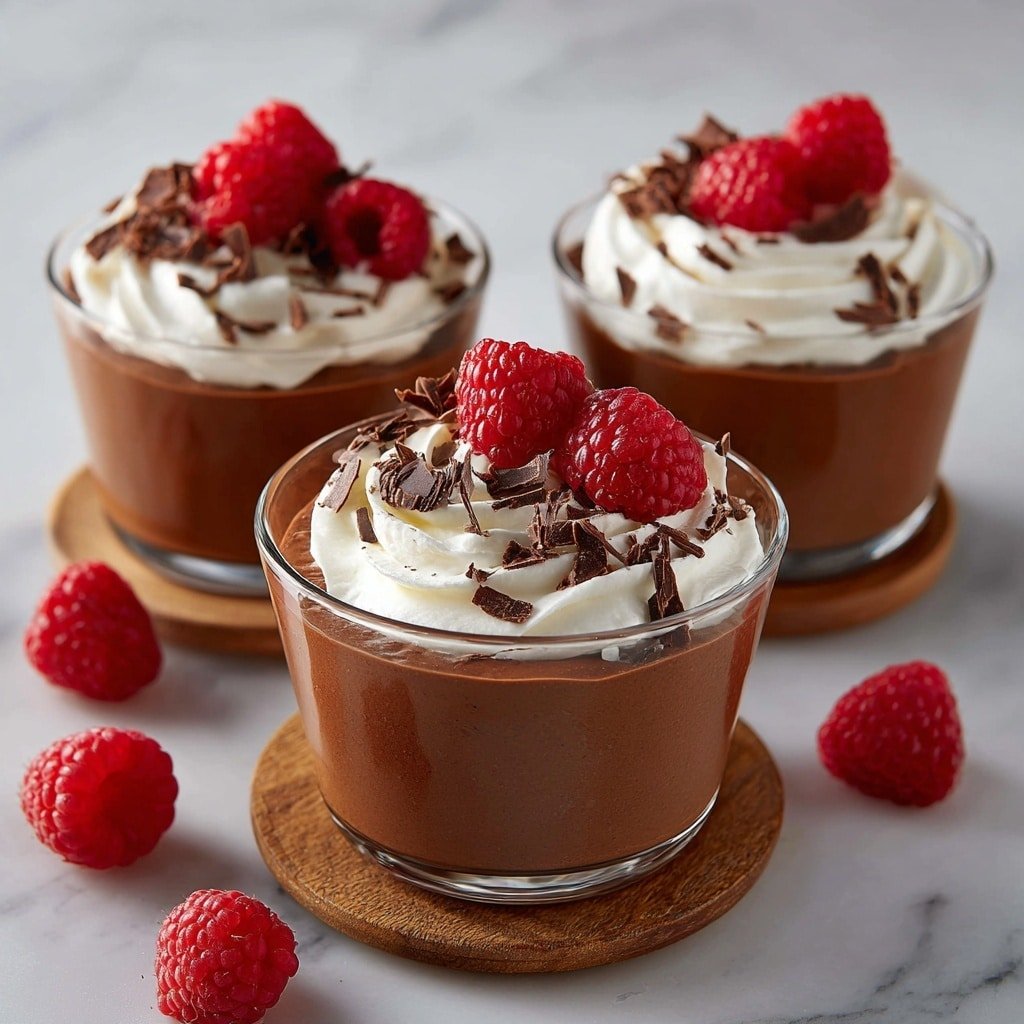 The image shows three clear glass cups filled with a smooth, rich brown mousse. Each cup has one layer of mousse topped with a swirl of white whipped cream. On top of the whipped cream, there are bright red, fresh raspberries and small chocolate shavings scattered around. The cups sit on round wooden coasters placed on a white marbled surface. Additional raspberries are scattered near the cups, adding a fresh touch, with a soft plain background. photo taken with an iphone --ar 1:1 --v 7 — Peanut Butter Chocolate Cottage Cheese Pudding,healthy pudding recipes,easy healthy dessert,protein-rich pudding,chocolate peanut butter treat