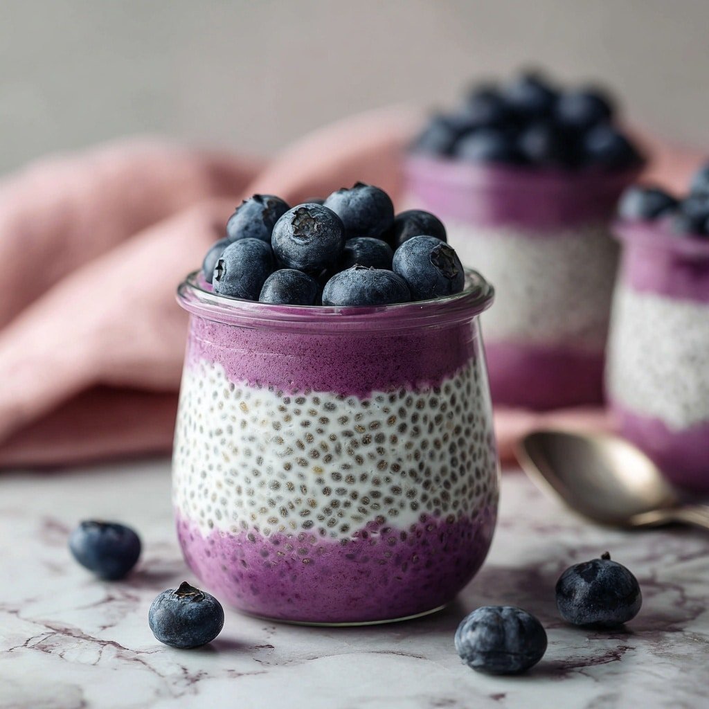 The image shows a small glass jar with three visible layers: the bottom layer is a smooth purple berry puree, the middle layer is a creamy chia seed pudding with white and black specks, and the top layer is a pile of fresh dark blue blueberries. The jar sits on a white marbled surface, with loose blueberries scattered around it. In the background, there is another similar jar slightly out of focus and a pink cloth nearby. Photo taken with an iphone --ar 1:1 --v 7 — Blueberry Chia Seed Pudding, healthy blueberry chia pudding, easy chia seed pudding, vibrant breakfast ideas, wholesome chia pudding with blueberries