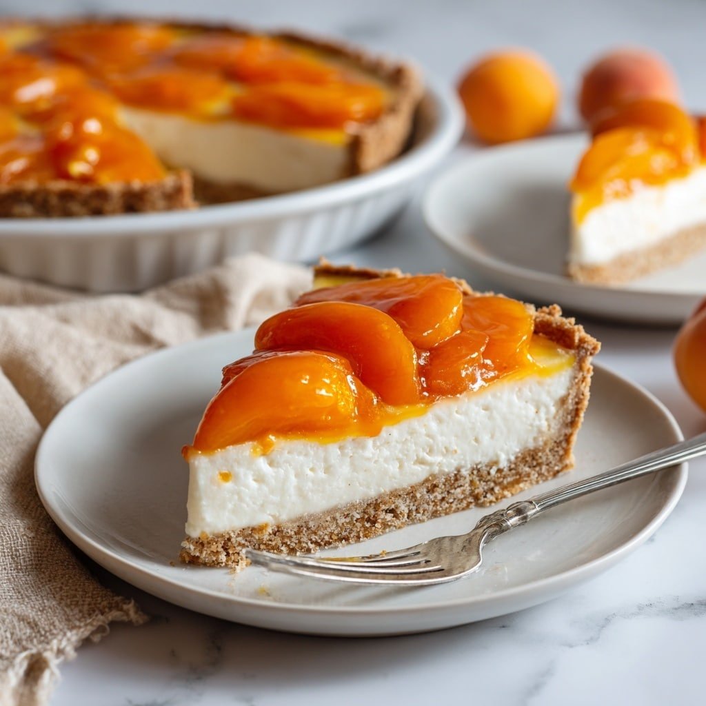 The image shows a slice of apricot tart on a white plate with a silver fork resting beside it. The tart has three clear layers: a crumbly light brown crust at the bottom, a thick creamy white layer in the middle, and a glossy orange apricot topping on top. Sliced apricots with a shiny glaze are neatly arranged in a fan shape on the orange layer. In the background, there is another slice of the tart on a similar white plate, and part of a white round tart dish filled with more of the apricot tart. The setting includes a beige cloth and a whole apricot nearby, all on a white marbled surface. photo taken with an iphone --ar 1:1 --v 7 — Apricot Cheesecake Tart, Apricot Cheesecake Dessert, Spring Fruit Tart, Easy Cheesecake Tart, Fresh Apricot Pie