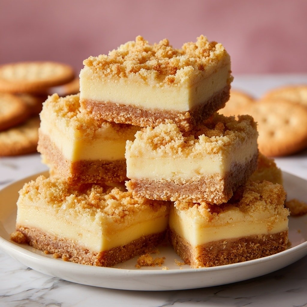 A stack of square dessert bars is arranged in a pile on a white plate, each bar showing two main layers: a dense, creamy pale yellow base layer topped with a light golden crumbly layer sprinkled with small, uneven crumbs. The bars have smooth sides and a slight texture contrast between the soft bottom and crumbly top. The plate is placed on a white marbled surface with a soft pink background, and some round cookies slightly blurred in the back. The focus is sharp on the front bars, highlighting their texture and light colors. Photo taken with an iphone --ar 1:1 --v 7 — Banana Pudding Fudge, banana pudding fudge recipe, easy banana fudge, creamy banana dessert, homemade banana fudge