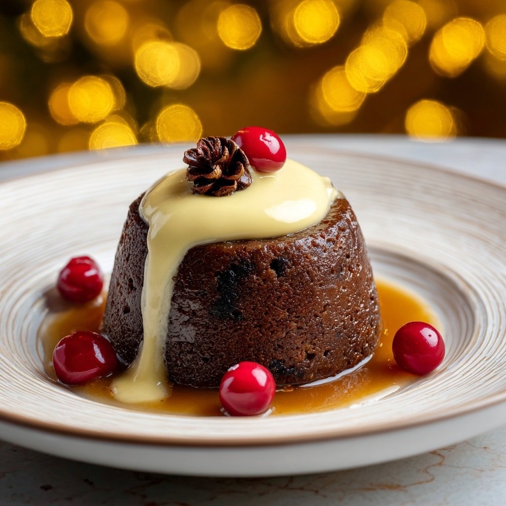 A small dark brown pudding with a rich, glossy, caramel-like sauce dripping down its sides is placed in the center of a white plate with a subtle patterned rim. On top of the pudding, there is a creamy light yellow dollop of custard with a single bright red berry and a small brown pine cone for decoration. Around the pudding, five shiny red berries are scattered on the white marbled textured surface beneath the plate. The background has a softly blurred warm golden light, giving a cozy holiday feel. Photo taken with an iphone --ar 1:1 --v 7 — Christmas Pudding, Christmas Pudding Recipe, Festive Holiday Dessert, Traditional Christmas Pudding, Homemade Christmas Pudding