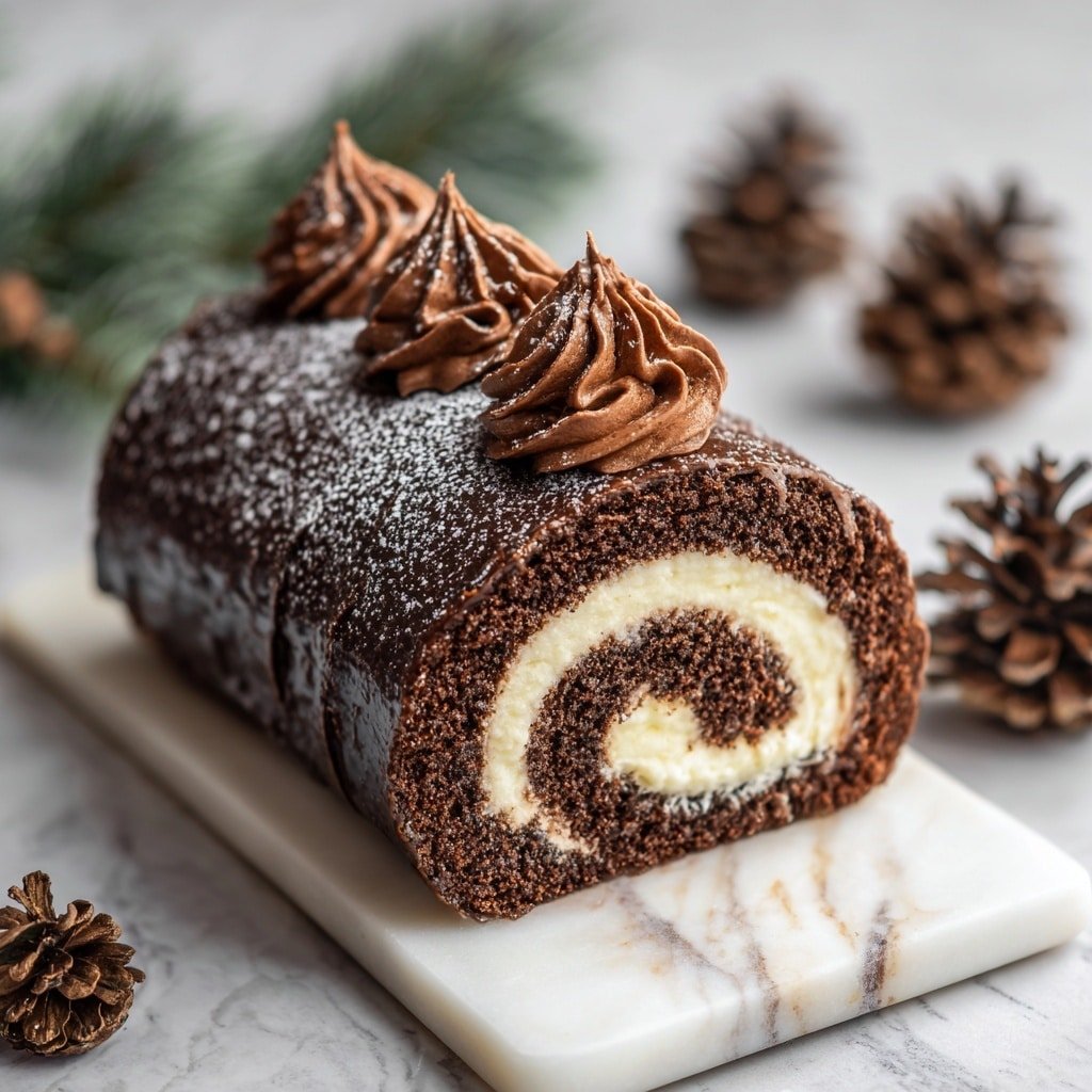 A chocolate roll cake sits on a white rectangular board with a white marbled texture underneath. The roll has three main layers: a dark chocolate outer layer that is smooth and glossy with chocolate frosting swirled on top forming small rosettes, a powdered sugar dusting over the chocolate surface, and a creamy white filling spiraled inside the cake creating a striking contrast against the dark chocolate. Around the roll are brown pine cones and some green pine branches blurred in the background, adding a cozy and festive feel. The photo is taken close-up to show the texture of the cake and frosting. photo taken with an iphone --ar 1:1 --v 7 — Yule Log Bûche de Noël, Christmas Yule Log dessert, holiday chocolate log, festive French cake, homemade Yule Log recipe