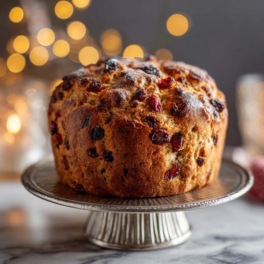 A single round loaf of golden brown fruit bread sits on an ornate silver cake stand with a ribbed base. The bread's surface is rough and cracked, filled with dark red dried fruit pieces scattered all over, showing a soft, dense texture inside. The setting is a white marbled surface with soft, blurry warm lights in the background, creating a cozy, festive mood. photo taken with an iphone --ar 1:1 --v 7 — Homemade Panettone with Dried Fruits, Italian Panettone, Festive Holiday Bread, Winter Baking Recipes, Traditional Italian Panettone