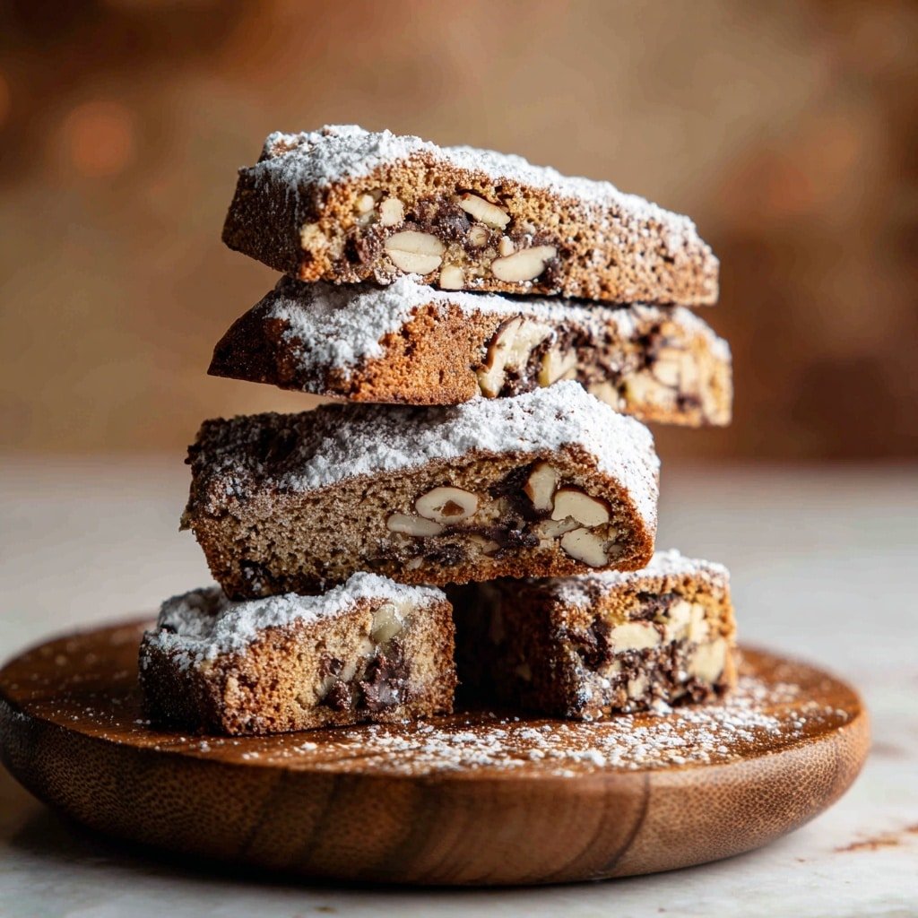 A stack of four pieces of nut and chocolate biscotti dusted with white powdered sugar is shown on a round wooden stand. Each biscotti piece has a rough light brown outer crust with large visible chunks of white nuts and dark chocolate bits embedded inside. The powdered sugar unevenly covers the top surfaces and some parts of the sides. The background is blurred with warm tones and soft lights, and the stand is placed on a white marbled texture surface. photo taken with an iphone --ar 1:1 --v 7 — German Stollen with Dried Fruits and Marzipan,Christmas Stollen with Almonds and Dried Fruit,Traditional German Christmas Bread,Holiday German Stollen Recipe,Festive Marzipan Fruit Bread