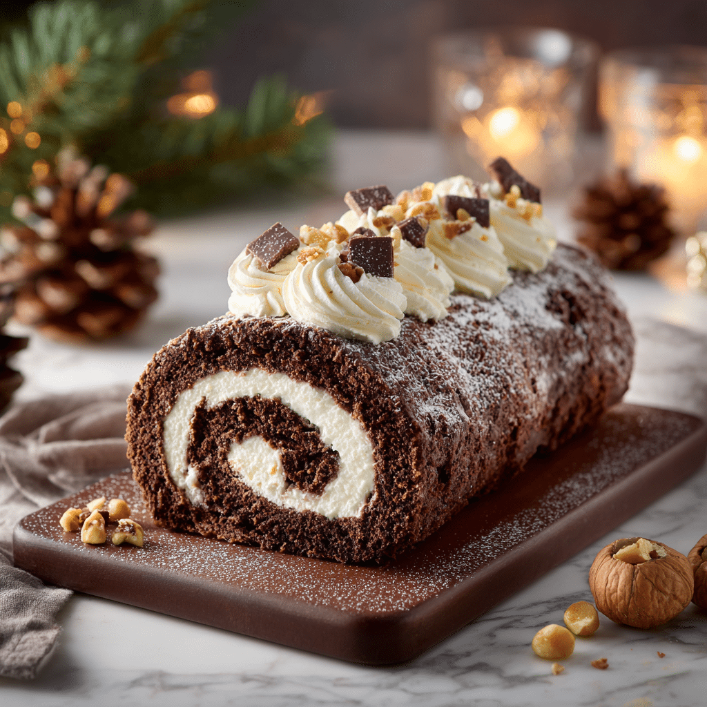 A chocolate roll cake sits on a brown rectangular board placed on a white marbled surface. The cake has two visible layers: a dark brown chocolate sponge cake rolled with a creamy white filling inside, creating a spiral pattern. The top of the cake is decorated with swirls of white whipped cream, small pieces of chocolate, golden nuts, and dusted lightly with powdered sugar. Around the cake on the board, there are a few golden nuts and chocolate pieces. The background contains blurred festive decorations including pine cones, ornaments, and a glass candle holder with a lit candle, giving a cozy, warm atmosphere. Photo taken with an iphone --ar 1:1 --v 7 — Bûche de Noël Chestnut Cream, Christmas Yule Log Recipe, Holiday Desserts with Chestnuts, Festive Chocolate Roll, Elegant Christmas Cake