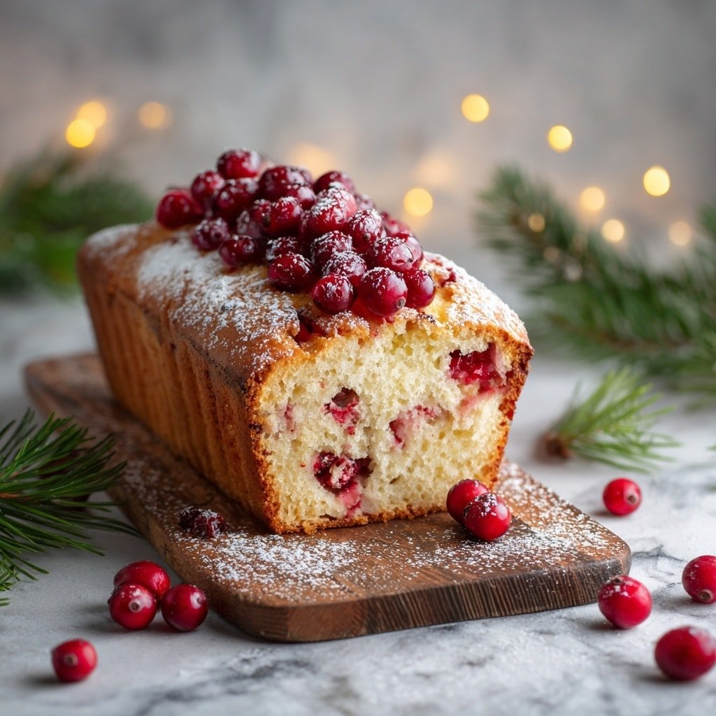 A loaf of golden-brown cake with a soft, light inside is placed on a wooden board. Inside the cake, red berries are showing throughout, some of them close to the edges. The top layer of the cake is covered with a thick bunch of shiny red berries, dusted lightly with white powdered sugar. Around the board and cake are scattered a few loose red berries and some green pine leaves, all set on a surface with a white marbled texture. Behind this, soft yellow lights add a warm, cozy feeling. photo taken with an iphone --ar 1:1 --v 7 — Cranberry Orange Bread, Cranberry Orange Bread Recipe, Holiday Bread with Cranberries, Zesty Cranberry Orange Loaf, Easy Cranberry Bread