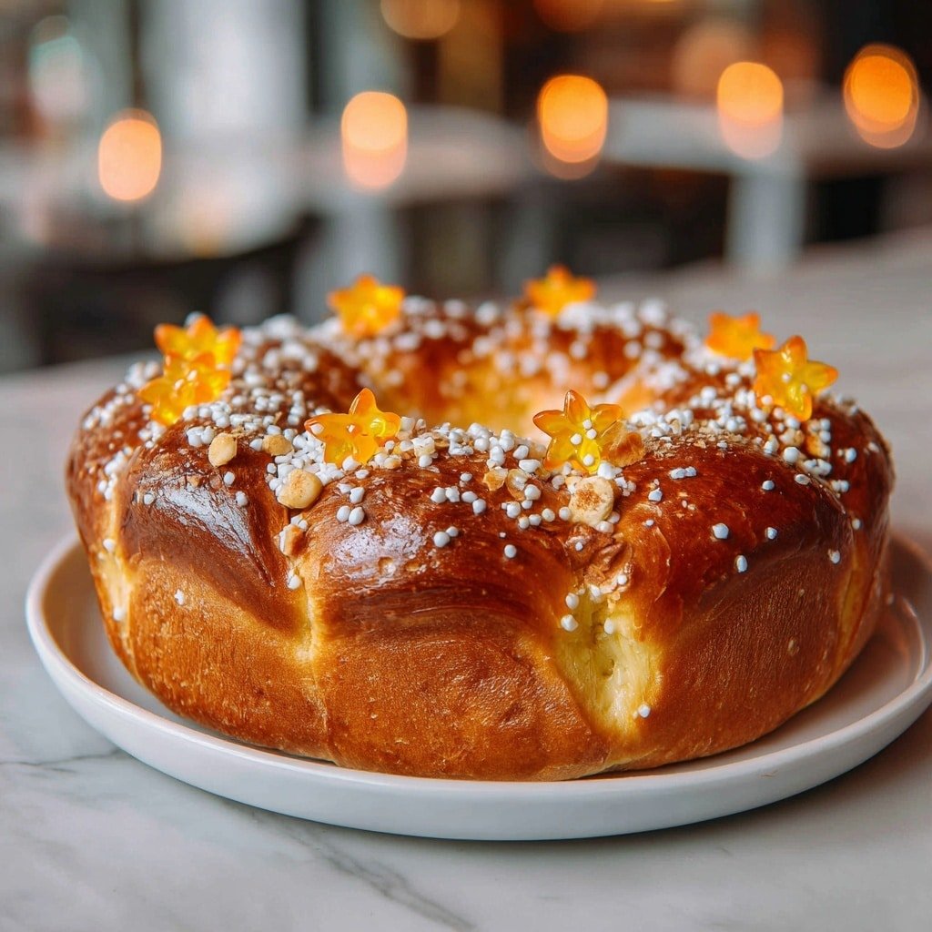 A golden brown ring-shaped bread with a shiny, flaky crust showing many visible layers, each slightly puffed and textured with a soft, light inside. The bread is topped with small white powdered sugar sprinkles and crunchy light nut bits scattered evenly on the surface. Bright orange flower-shaped decorations made of a transparent jelly-like substance are placed on top at regular intervals. The bread sits on a white plate, all set against a softly lit white marbled background with warm glowing lights in the blurred distance. Photo taken with an iphone --ar 1:1 --v 7 — Rosca de Reyes Three Kings Bread, Traditional Rosca de Reyes, Easy Three Kings Bread Recipe, Festive Mexican Bread, King’s Day Bread