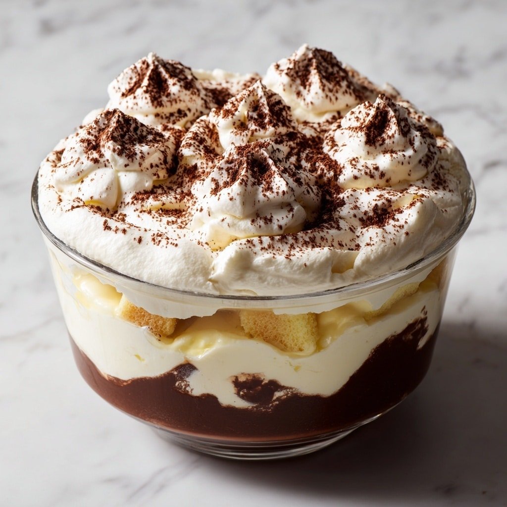 A white glass bowl holds a layered dessert with four visible layers. The bottom layer is dark brown and smooth, likely chocolate. Above it, there is a thick layer of white cream, fluffy and soft. The third layer consists of light yellow, small sponge cake pieces scattered unevenly. The top layer features large, white dollops of whipped cream, each topped with a dusting of dark brown cocoa powder, creating small peaks across the surface. The bowl is set on a white marbled surface. photo taken with an iphone --ar 1:1 --v 7 — Brazilian Pavê Trifle, Brazilian Pavê Recipe, Brazilian dessert, layered trifle dessert, easy Brazilian Pavê