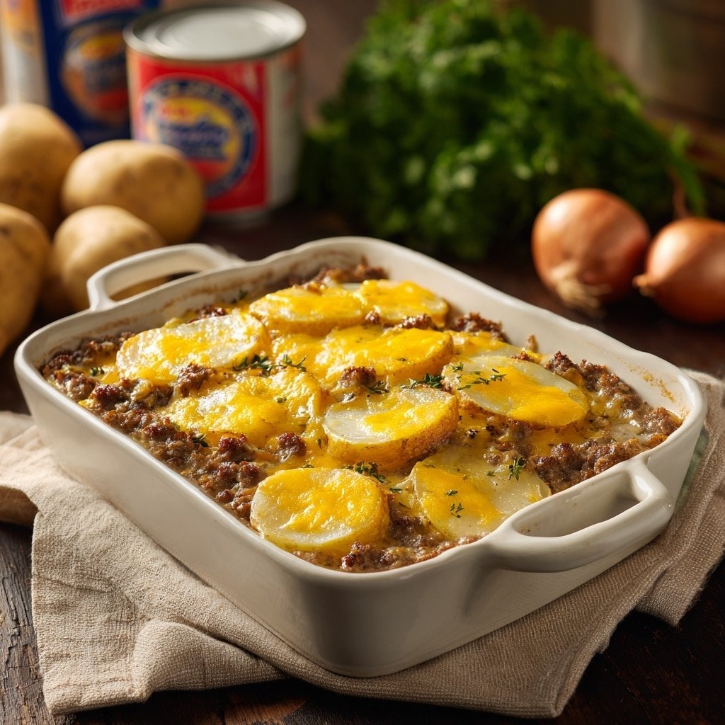 Beef and Potato Casserole Recipe - Recipe Image — Beef and Potato Casserole, hearty beef casserole, creamy potato bake, easy comfort food casserole, cheese-topped beef potato bake