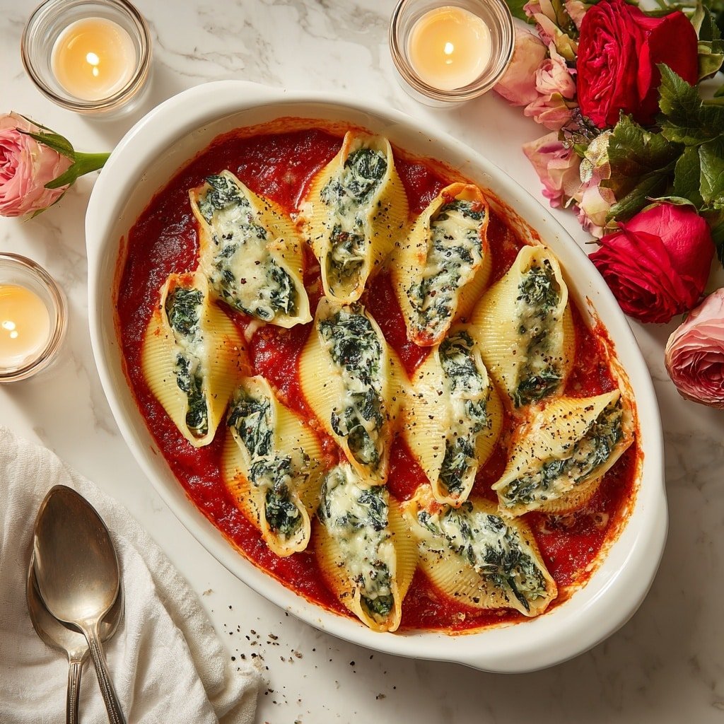 Spinach and Ricotta Stuffed Shells Recipe - Recipe Image — Spinach and Ricotta Stuffed Shells, spinach and ricotta pasta bake, cheesy stuffed shell recipe, baked spinach stuffed shells, easy spinach ricotta pasta
