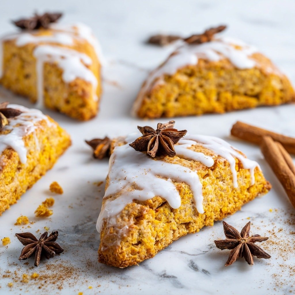 The image shows several triangular orange scones with a rough texture placed on a white marbled surface. Each scone has a thick drizzle of white icing spread unevenly over the top, adding a smooth contrast to the rough pastry. The scones are scattered with small crumbs around them, enhancing the rustic look. There are whole cinnamon sticks and star anise pods placed between the scones, adding dark brown and deep burgundy shapes and colors. Light brown ground spice powder is sprinkled lightly over the surface and scones, blending with the white marbled texture below. The scene is bright and well-lit, emphasizing the warm orange and cool white tones. photo taken with an iphone --ar 1:1 --v 7 — Spiced Pumpkin Scones with Vanilla Glaze, pumpkin scone recipe, fall scones with vanilla glaze, homemade pumpkin scones, cozy pumpkin breakfast treat