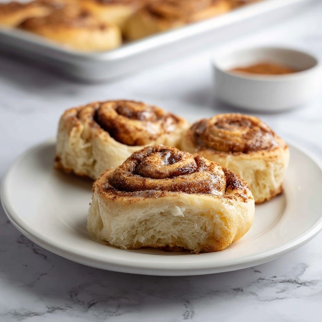 On a white plate resting on a white marbled surface, there are three pieces of spiral-shaped cinnamon rolls. Each roll has soft, fluffy layers of light golden dough twisted with a darker cinnamon filling, showing swirls of brown. The tops of the rolls have a slightly shiny glaze and are sprinkled lightly with cinnamon powder, adding a dusty, speckled texture. In the blurred background, a white bowl with cinnamon powder and a white baking tray filled with more similar cinnamon rolls are visible. Photo taken with an iphone --ar 1:1 --v 7 — Pumpkin Spice Cinnamon Rolls, pumpkin cinnamon rolls, fall cinnamon rolls, pumpkin baking recipes, holiday cinnamon rolls