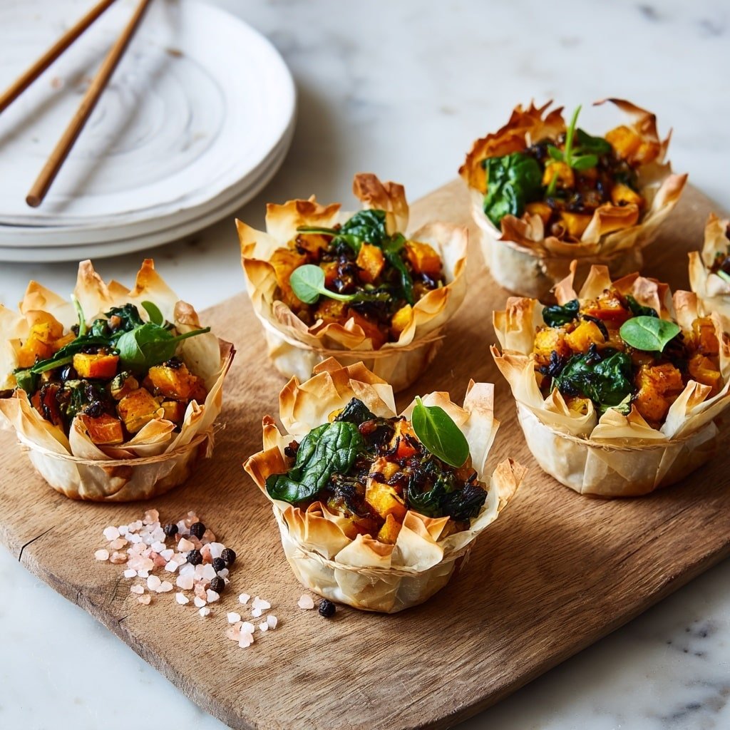 Six golden brown filo pastry cups sit on a wooden board, each layered with crispy, flaky edges that rise above the rim. Inside the cups, there is a colorful mix of orange roasted vegetables, dark small seeds, and fresh green spinach leaves as a topping. Each cup is wrapped with a thin string near the bottom to hold its shape. The background features a white marbled texture surface with scattered pink salt crystals, black peppercorns, and loose spinach leaves. In the background, a white plate with chopsticks rests on the same white marbled surface behind the board. photo taken with an iphone --ar 1:1 --v 7 — Pumpkin Feta Phyllo Cups, savory pumpkin appetizers, flaky phyllo bites, easy pumpkin appetizer, festive fall snacks