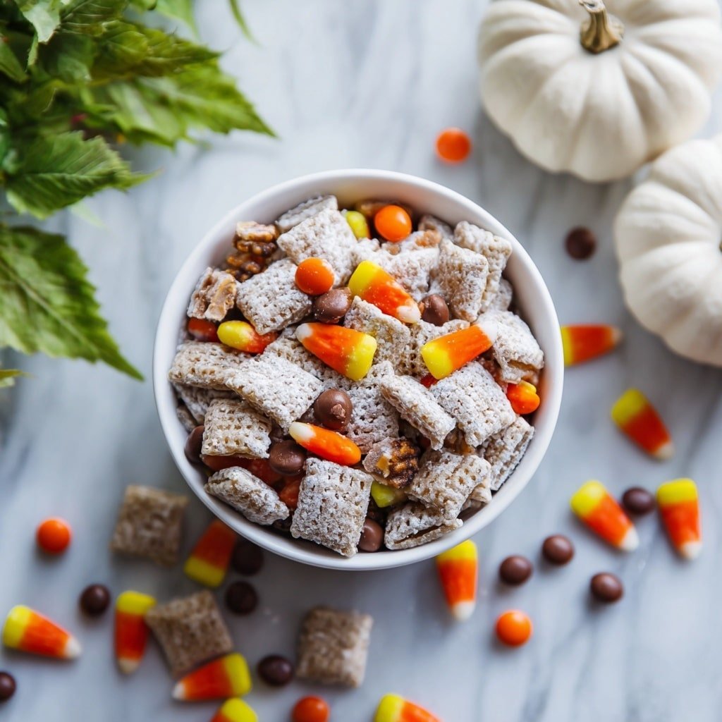 A white bowl filled with many small square cereal pieces covered in white powdered sugar, mixed with small brown peanut butter cup candies and scattered orange, yellow, and brown candy-coated chocolates. The bowl is placed on a white marbled surface with a few cereal pieces and colorful candies lying around it. The background shows some green leaves on the left and a white pumpkin on the right, both slightly blurred. photo taken with an iphone --ar 1:1 --v 7 — Reese’s Pieces Muddy Buddies, Reese’s Pieces snack recipe, chocolate peanut butter Chex mix, easy muddy buddies recipe, holiday party treats