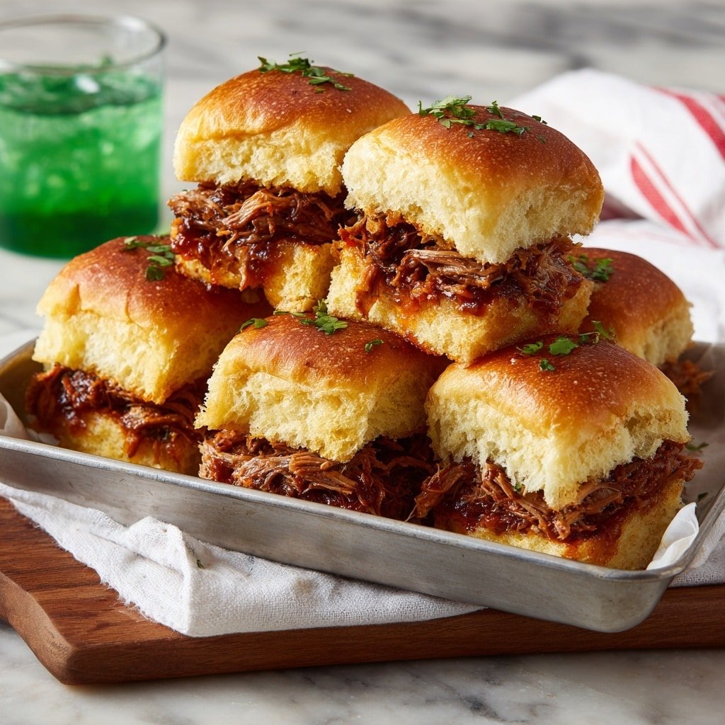 The image shows a stack of seven golden brown sliders in a small rectangular metal tray lined with parchment paper. Each slider has a top and bottom layer of soft, fluffy bread with a slightly glossy texture, filled with shredded meat mixed with a dark reddish-brown sauce. The filling appears moist and juicy, slightly oozing out from between the bread. Small green herb pieces are sprinkled on the sliders. The tray is placed on a white marbled surface with a wooden board underneath and a white towel with red stripes partly visible beside it. A glass container with green liquid is also slightly visible in the background. Photo taken with an iphone --ar 1:1 --v 7 — Crockpot Cranberry BBQ Turkey Sliders, cranberry BBQ turkey sliders, slow cooker turkey sliders, easy turkey sliders recipe, holiday turkey sliders