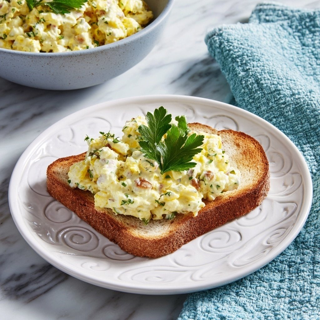A single slice of toasted bread sits on a white plate with an embossed swirl design, topped with a thick layer of creamy yellow egg salad mixed with small bits of brown pieces and green herbs. A bright green parsley leaf garnishes the center of the egg salad. Behind the plate, there is a gray bowl filled with the same egg salad, also adorned with a parsley leaf. The scene is set on a white marbled surface with a textured blue cloth to the upper right corner, adding a soft contrast to the crisp colors of the toast and salad. photo taken with an iphone --ar 1:1 --v 7 — Bacon and Egg Salad Toast, bacon egg salad breakfast, easy egg salad toast, hearty breakfast recipes, quick brunch ideas